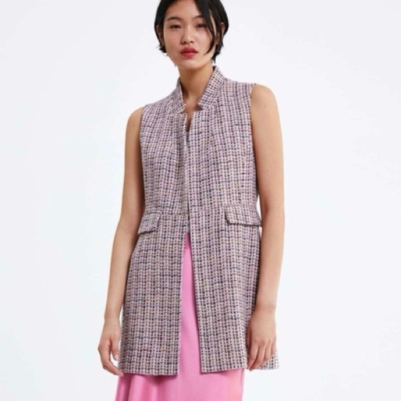 Zara Pink Tweed Sleeveless Vest Blazer Size Small - Picture 1 of 9